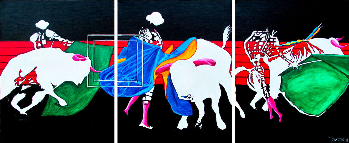 toros y matadores présentes différentes passes de corrida : tryptique acrylique toile