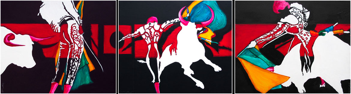 toros y matadores présentes différentes passes de corrida : tryptique acrylique toile 3x46x38